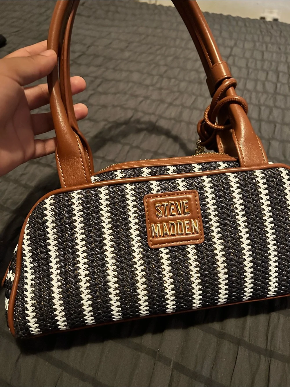 Steve Madden Black & White Striped Shoulder Bag with Brown Trim